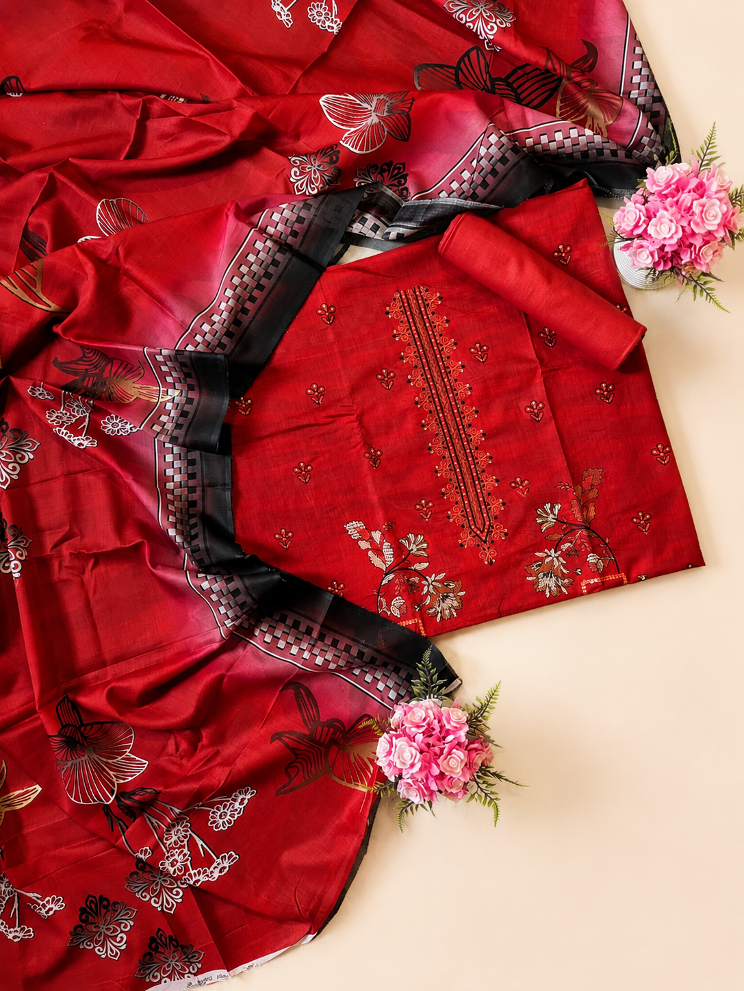 FizzabyZahir Crimson Majesty – Luxury Embroidered Lawn 3 Piece Unstitched Suit