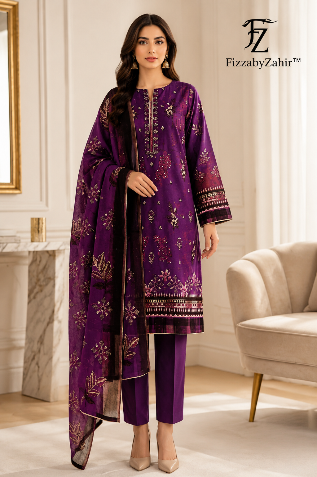 FizzabyZahir Royal Amethyst – Luxury Embroidered Lawn 3 Piece Unstitched Suit