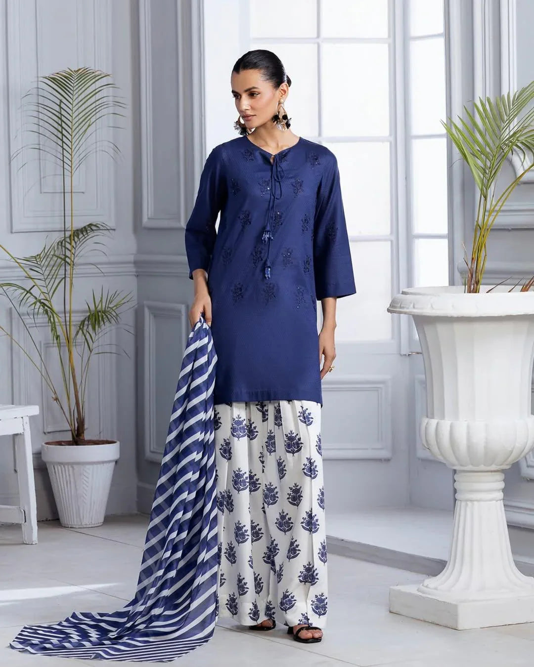 Blue Bloom Embroidered 3PC Premium
