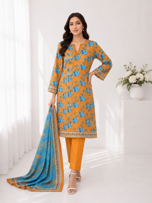 FizzabyZahir Golden Azure – Premium Printed 3 Piece Stitched Suit