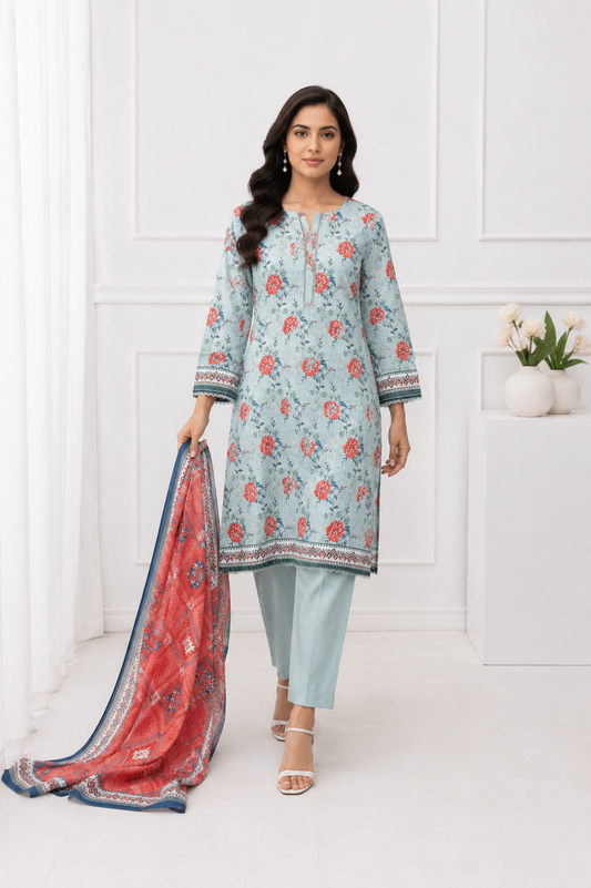 FizzabyZahir Aqua Bloom – Premium Printed 3 Piece Stitched Suit
