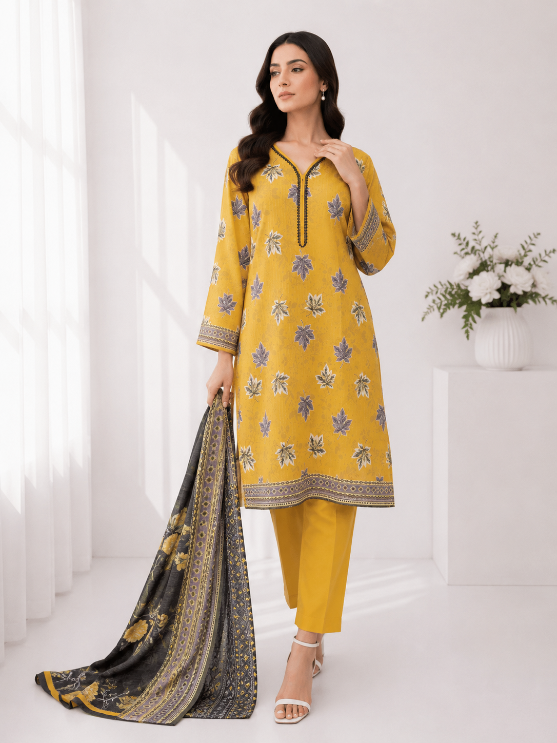 FizzabyZahir Golden Maple – Premium Printed 3 Piece Stitched Suit