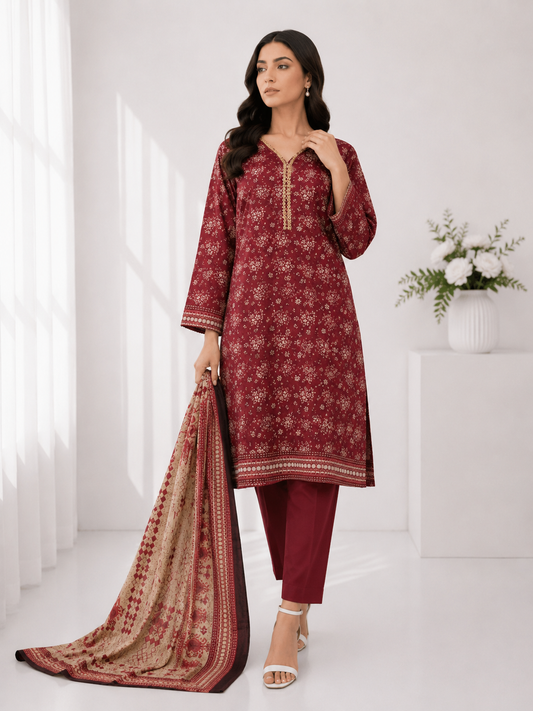 FizzabyZahir Ruby Elegance – Premium Printed 3 Piece Stitched Suit