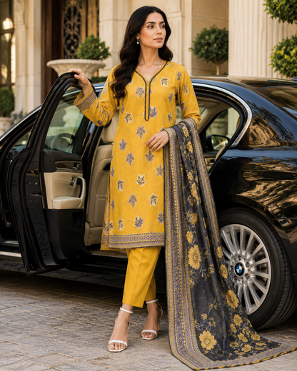 FizzabyZahir Golden Maple – Premium Printed 3 Piece Stitched Suit