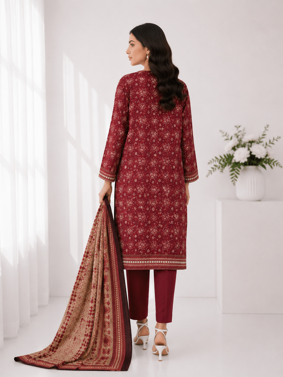 FizzabyZahir Ruby Elegance – Premium Printed 3 Piece Stitched Suit