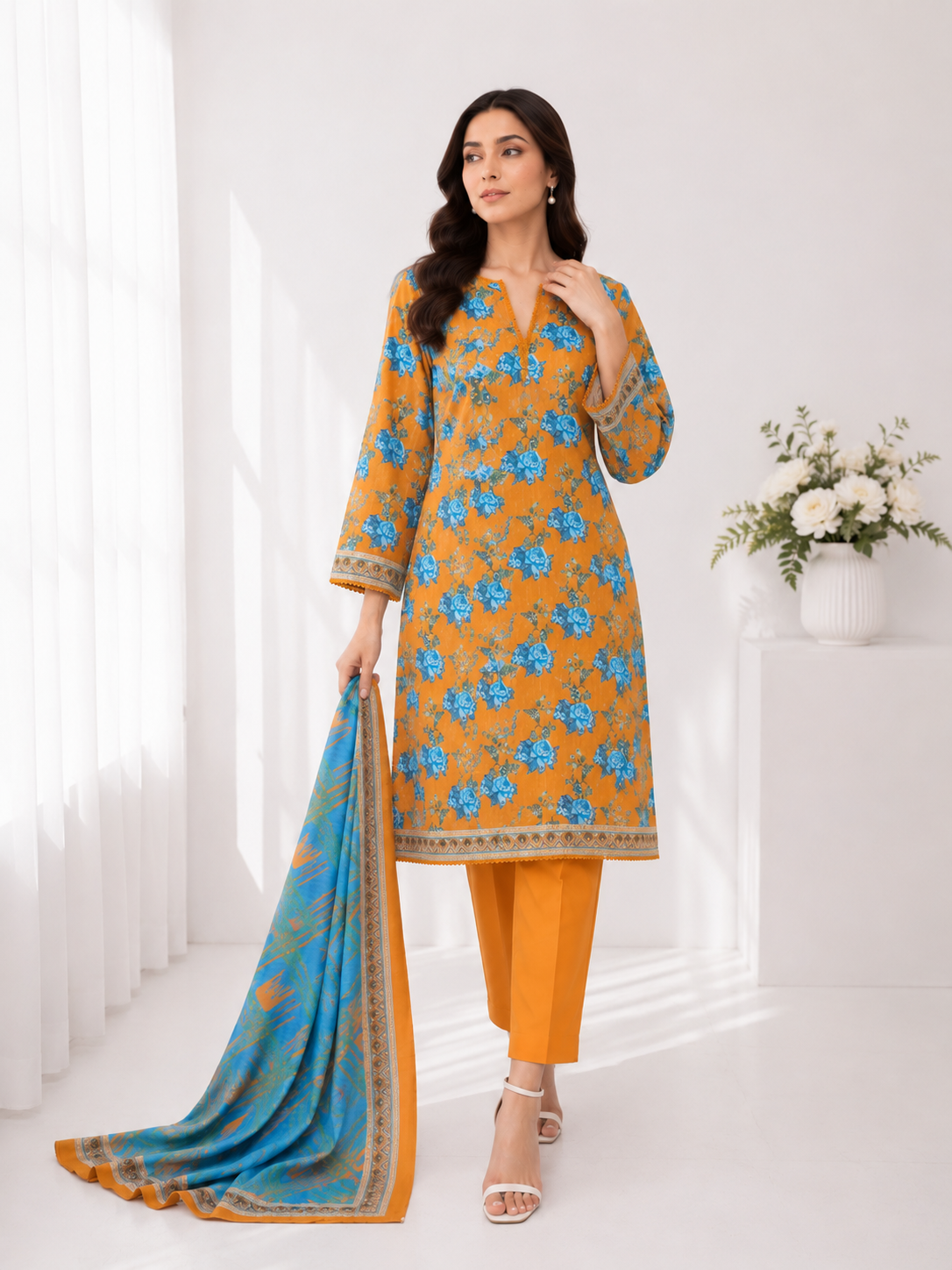 FizzabyZahir Golden Azure – Premium Printed 3 Piece Stitched Suit