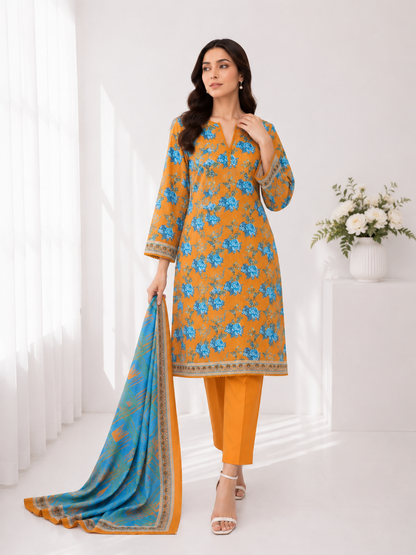 FizzabyZahir Golden Azure – Premium Printed 3 Piece Stitched Suit