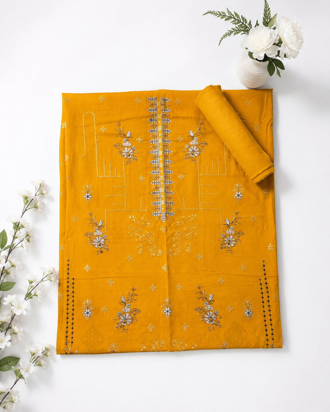 FizzabyZahir Golden Marigold – Luxury Embroidered Lawn 3 Piece Unstitched Suit