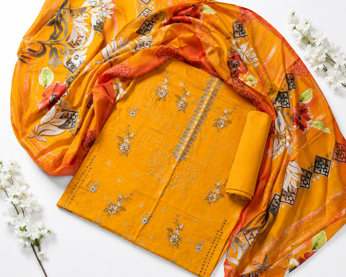 FizzabyZahir Golden Marigold – Luxury Embroidered Lawn 3 Piece Unstitched Suit
