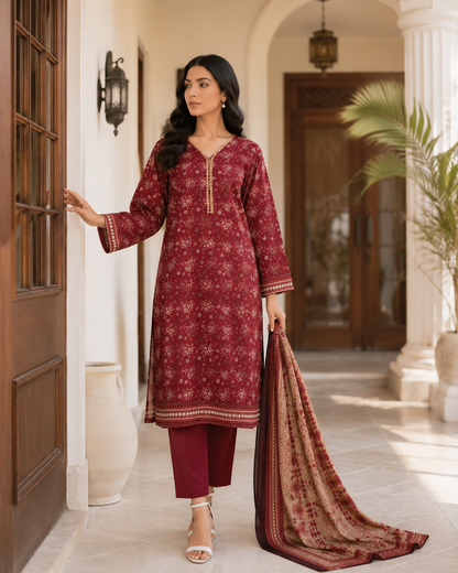 FizzabyZahir Ruby Elegance – Premium Printed 3 Piece Stitched Suit