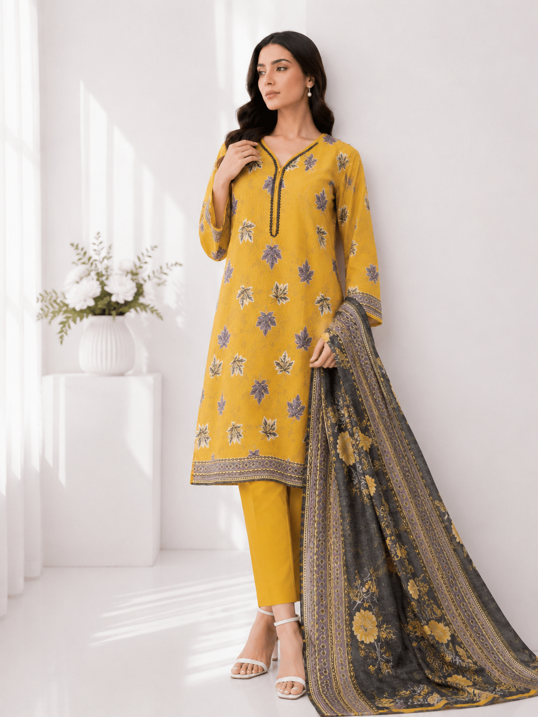 FizzabyZahir Golden Maple – Premium Printed 3 Piece Stitched Suit