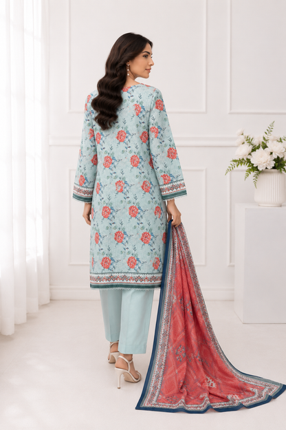 FizzabyZahir Aqua Bloom – Premium Printed 3 Piece Stitched Suit
