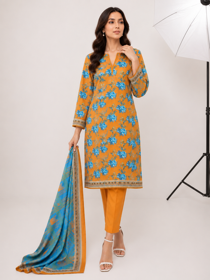 FizzabyZahir Golden Azure – Premium Printed 3 Piece Stitched Suit