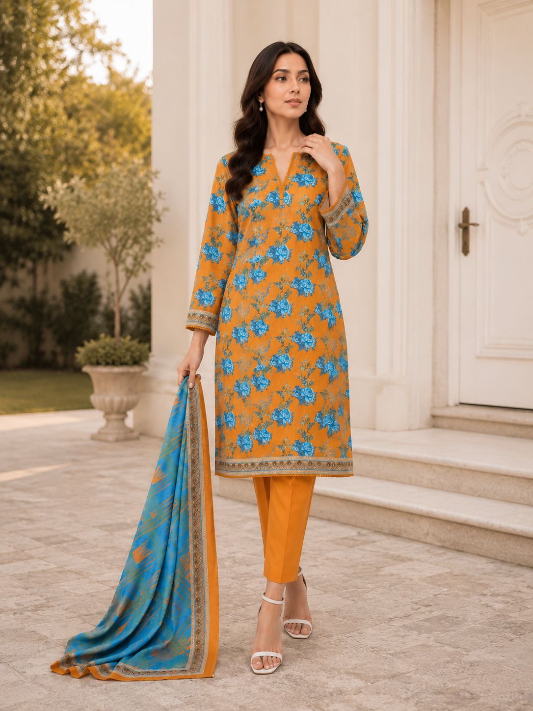 FizzabyZahir Golden Azure – Premium Printed 3 Piece Stitched Suit