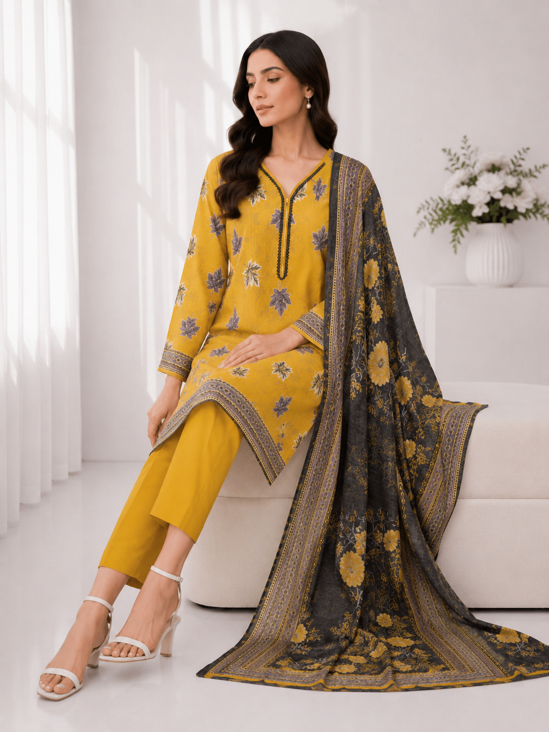 FizzabyZahir Golden Maple – Premium Printed 3 Piece Stitched Suit