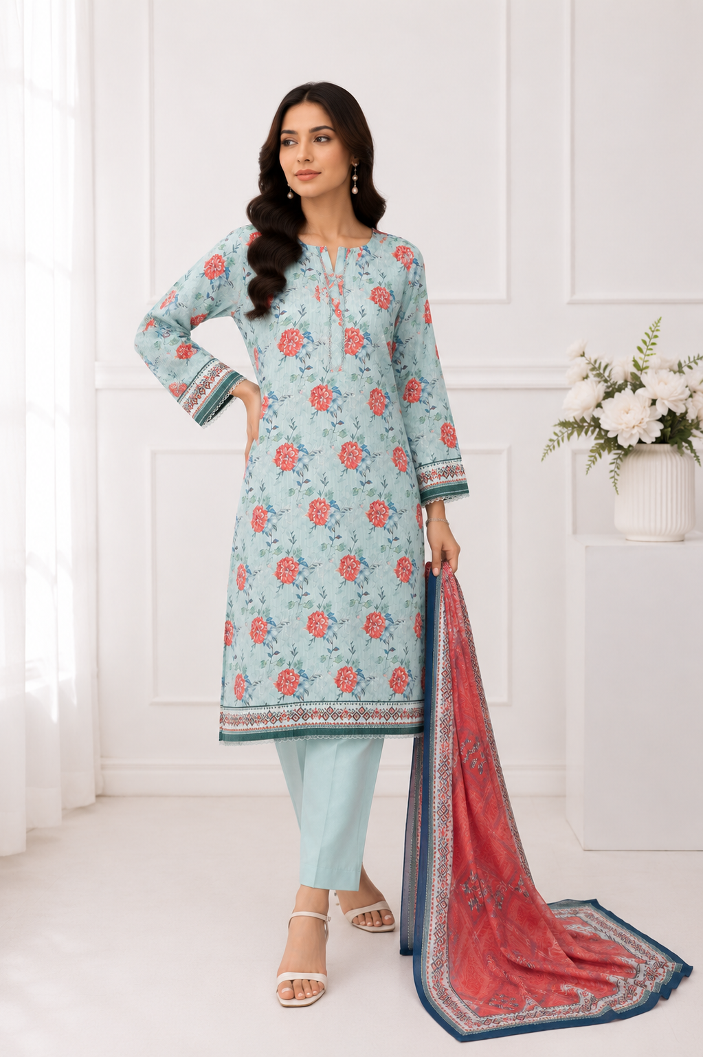 FizzabyZahir Aqua Bloom – Premium Printed 3 Piece Stitched Suit