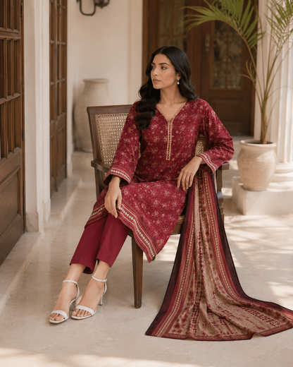 FizzabyZahir Ruby Elegance – Premium Printed 3 Piece Stitched Suit