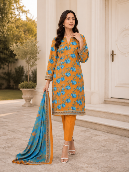 FizzabyZahir Golden Azure – Premium Printed 3 Piece Stitched Suit