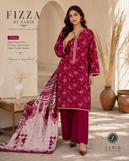 FizzabyZahir Ruby Elegance – Premium Printed 3 Piece Stitched Suit