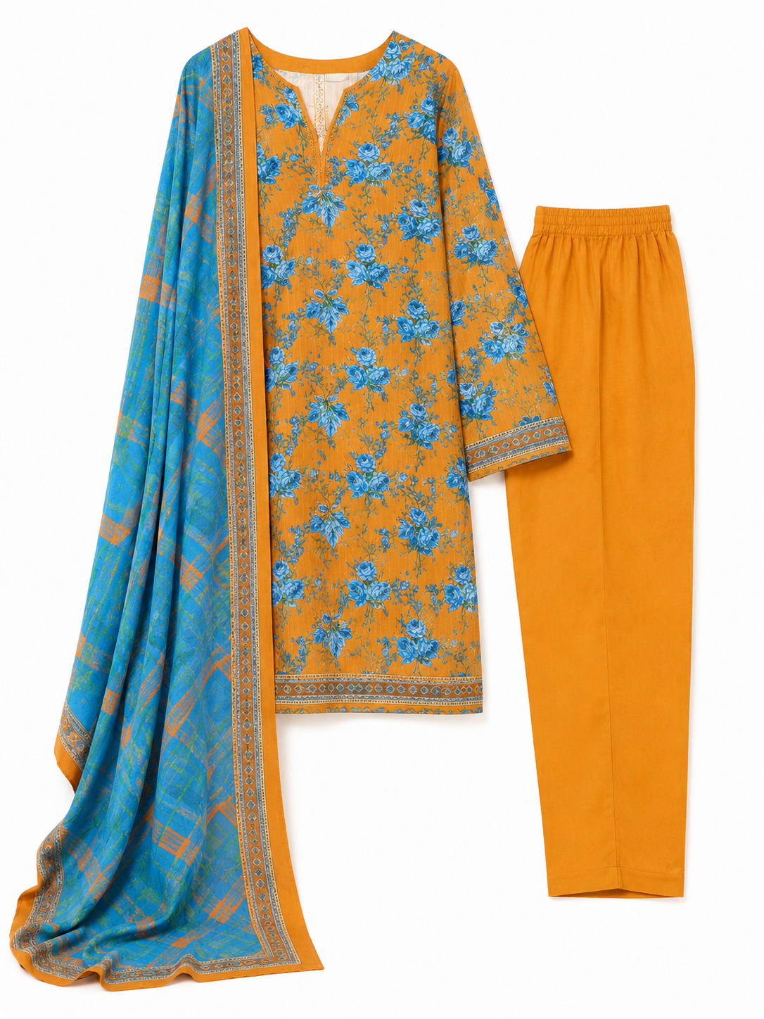 FizzabyZahir Golden Azure – Premium Printed 3 Piece Stitched Suit