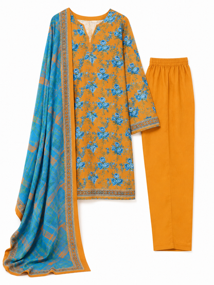 FizzabyZahir Golden Azure – Premium Printed 3 Piece Stitched Suit