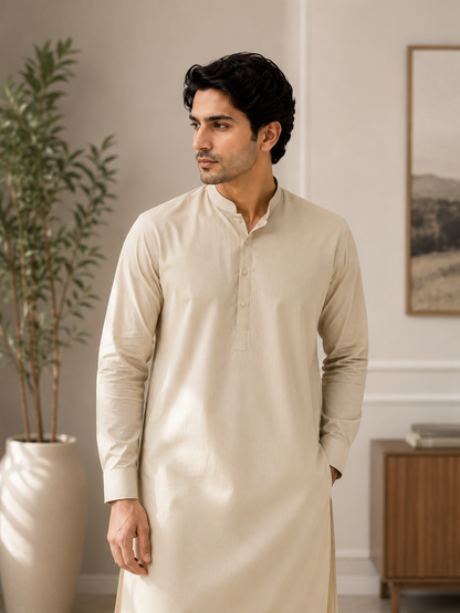 FizzabyZahir Sand Beige – Premium Wash & Wear Unstitched Fabric for Men