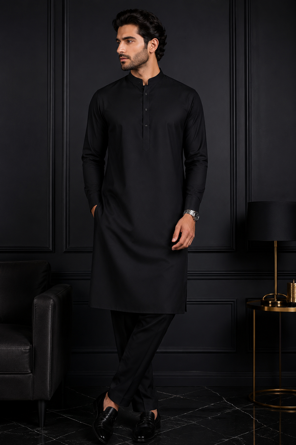 FizzabyZahir Midnight Prestige – Premium Jett Black Wash & Wear Unstitched Shalwar Kameez for Men