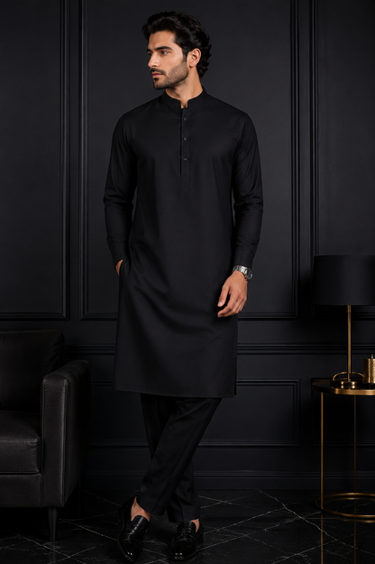 FizzabyZahir Midnight Prestige – Premium Jett Black Wash & Wear Unstitched Shalwar Kameez for Men