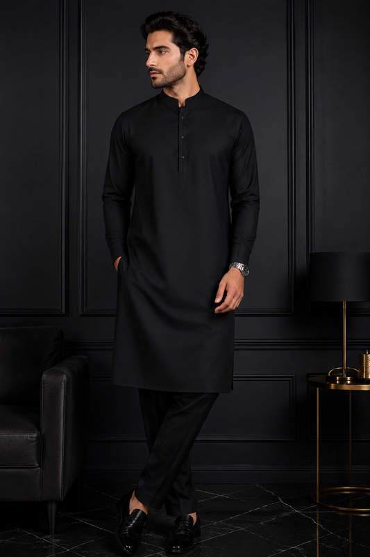 FizzabyZahir Midnight Prestige – Premium Jett Black Wash & Wear Unstitched Shalwar Kameez for Men