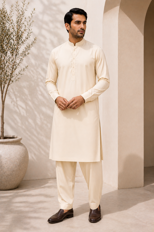 FizzabyZahir Royal Cream – Premium Unstitched Wash & Wear Shalwar Kameez for Men