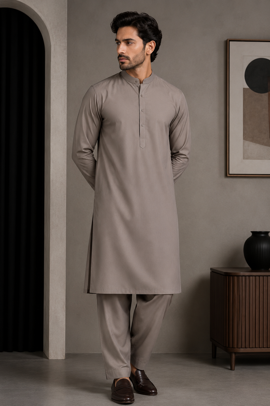 FizzabyZahir Stone Grey – Premium Unstitched Wash & Wear Shalwar Kameez for Men