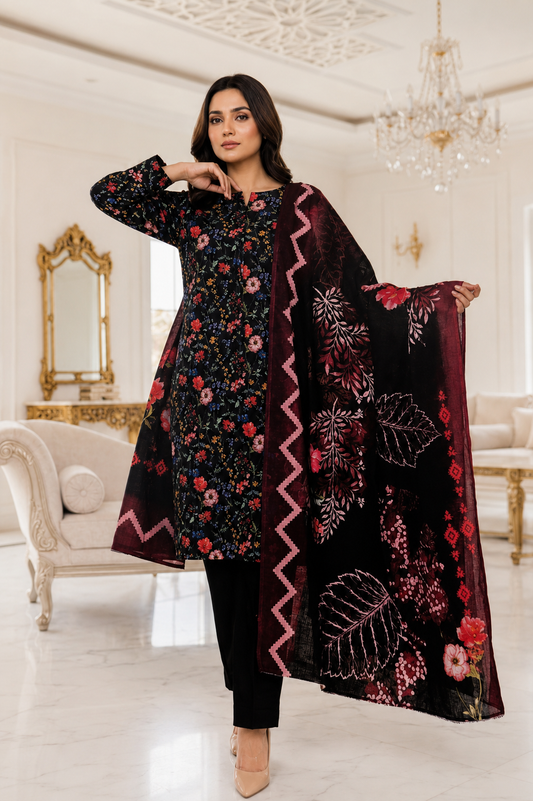 FizzabyZahir Midnight Blossom – Luxury Printed Lawn 3 Piece Unstitched Suit