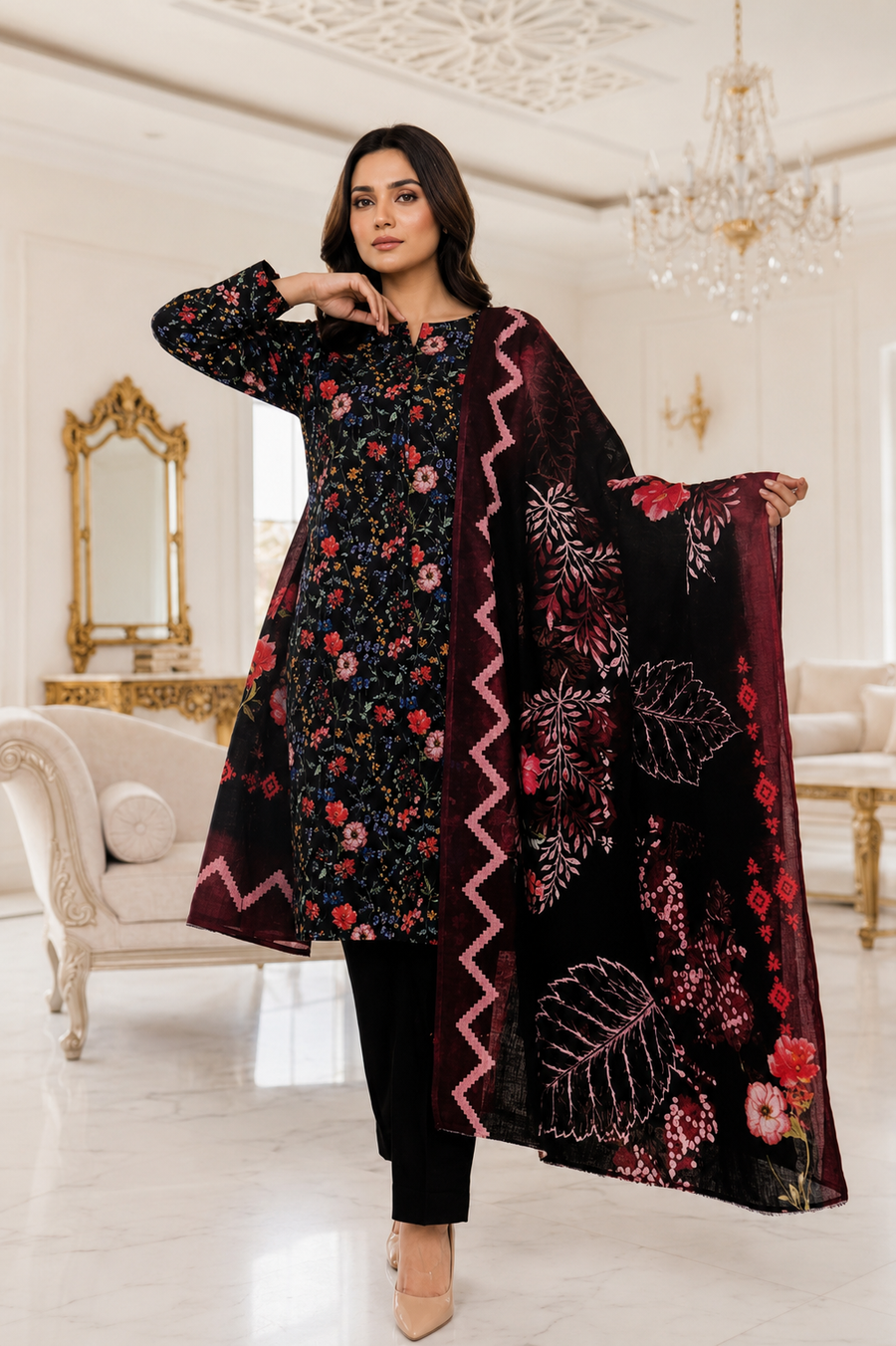 FizzabyZahir Midnight Blossom – Luxury Printed Lawn 3 Piece Unstitched Suit