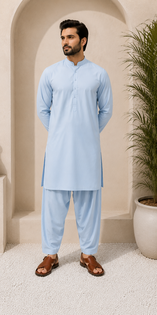 FizzabyZahir Sky Serenity – Premium Sky Blue Wash & Wear Unstitched Shalwar Kameez for Men
