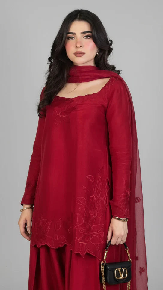 Red Zauq Embroidered 3PC Premium Shamroz Collection