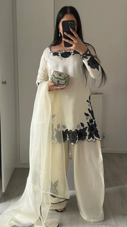 White Zauq Embroidered 3PC Premium Shamus