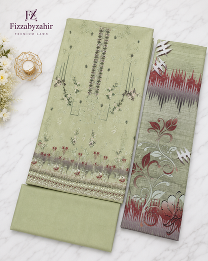 FizzabyZahir Sage Elegance – Luxury Embroidered Lawn 3 Piece Unstitched Suit