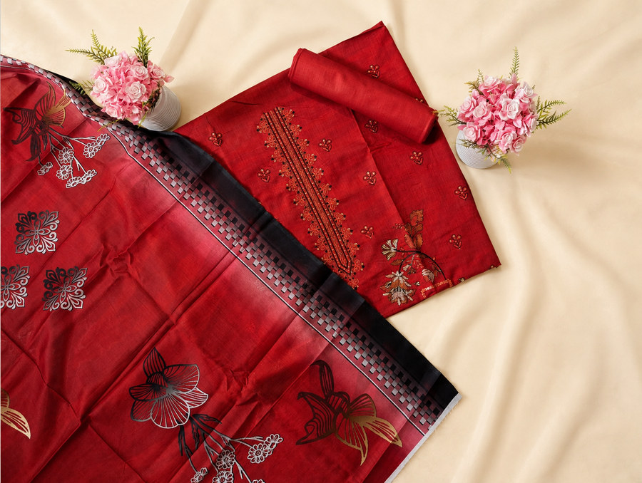 FizzabyZahir Crimson Majesty – Luxury Embroidered Lawn 3 Piece Unstitched Suit