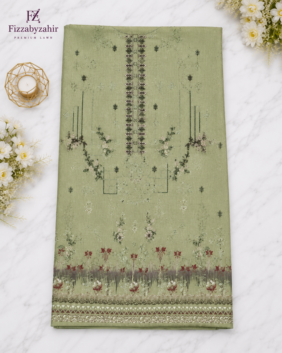 FizzabyZahir Sage Elegance – Luxury Embroidered Lawn 3 Piece Unstitched Suit