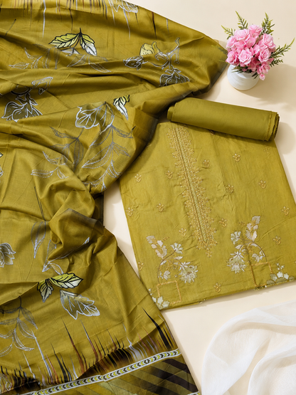 FizzabyZahir Olive Royale – Luxury Embroidered Lawn 3 Piece Unstitched Suit