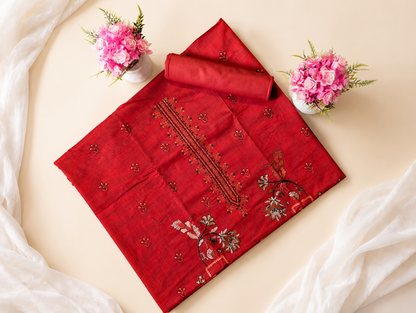 FizzabyZahir Crimson Majesty – Luxury Embroidered Lawn 3 Piece Unstitched Suit