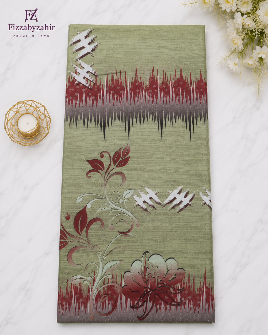 FizzabyZahir Sage Elegance – Luxury Embroidered Lawn 3 Piece Unstitched Suit