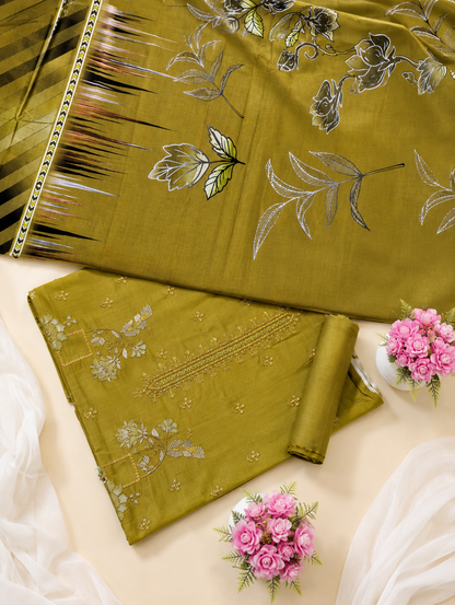 FizzabyZahir Olive Royale – Luxury Embroidered Lawn 3 Piece Unstitched Suit