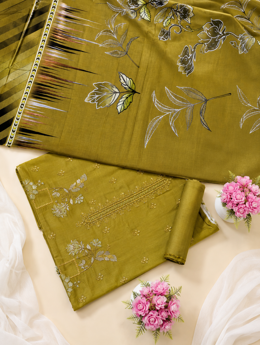 FizzabyZahir Olive Royale – Luxury Embroidered Lawn 3 Piece Unstitched Suit