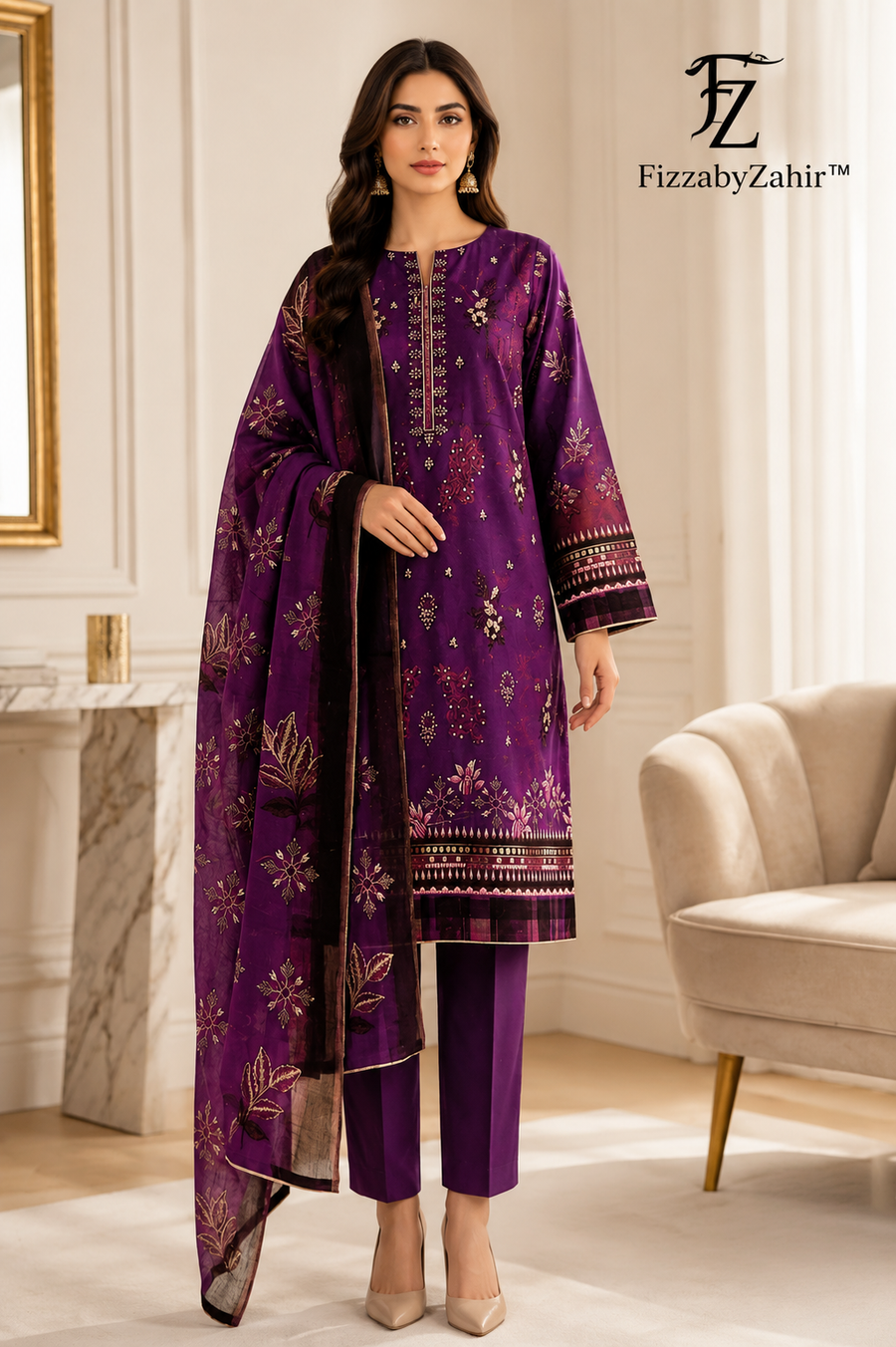 FizzabyZahir Royal Amethyst – Luxury Embroidered Lawn 3 Piece Unstitched Suit