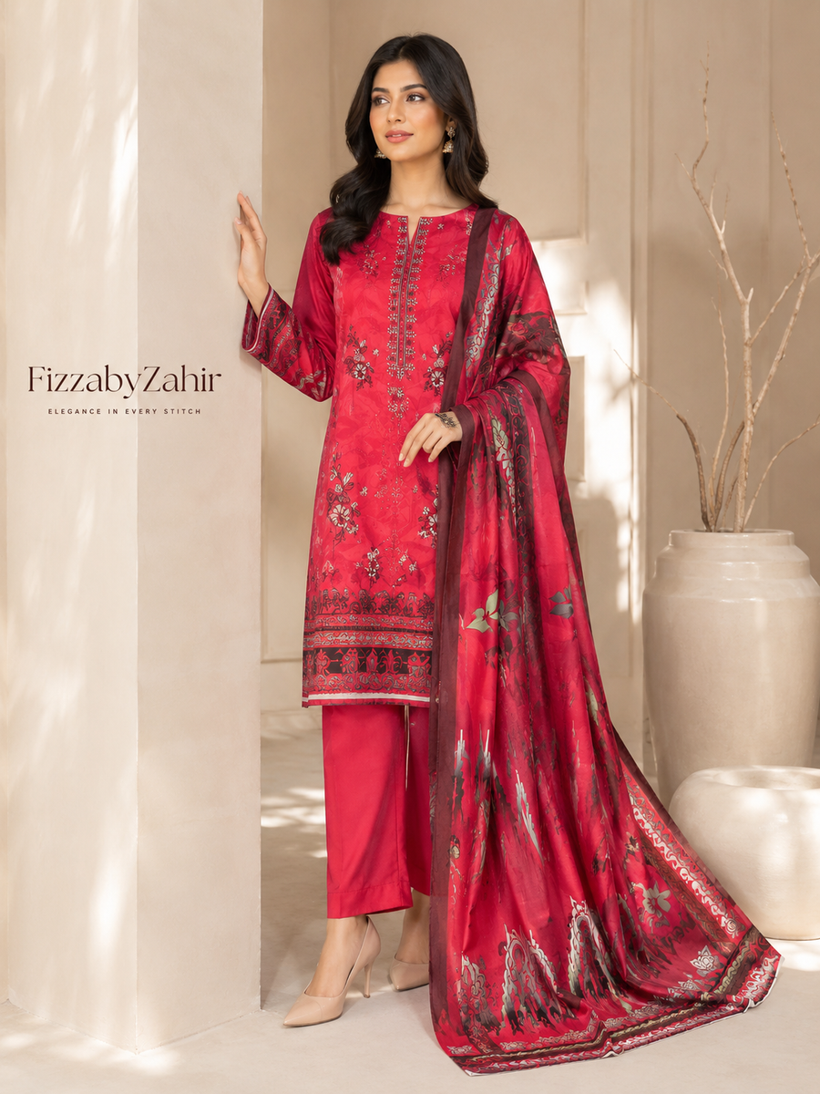 FizzabyZahir Ruby Royale – Luxury Embroidered Lawn 3 Piece Unstitched Suit