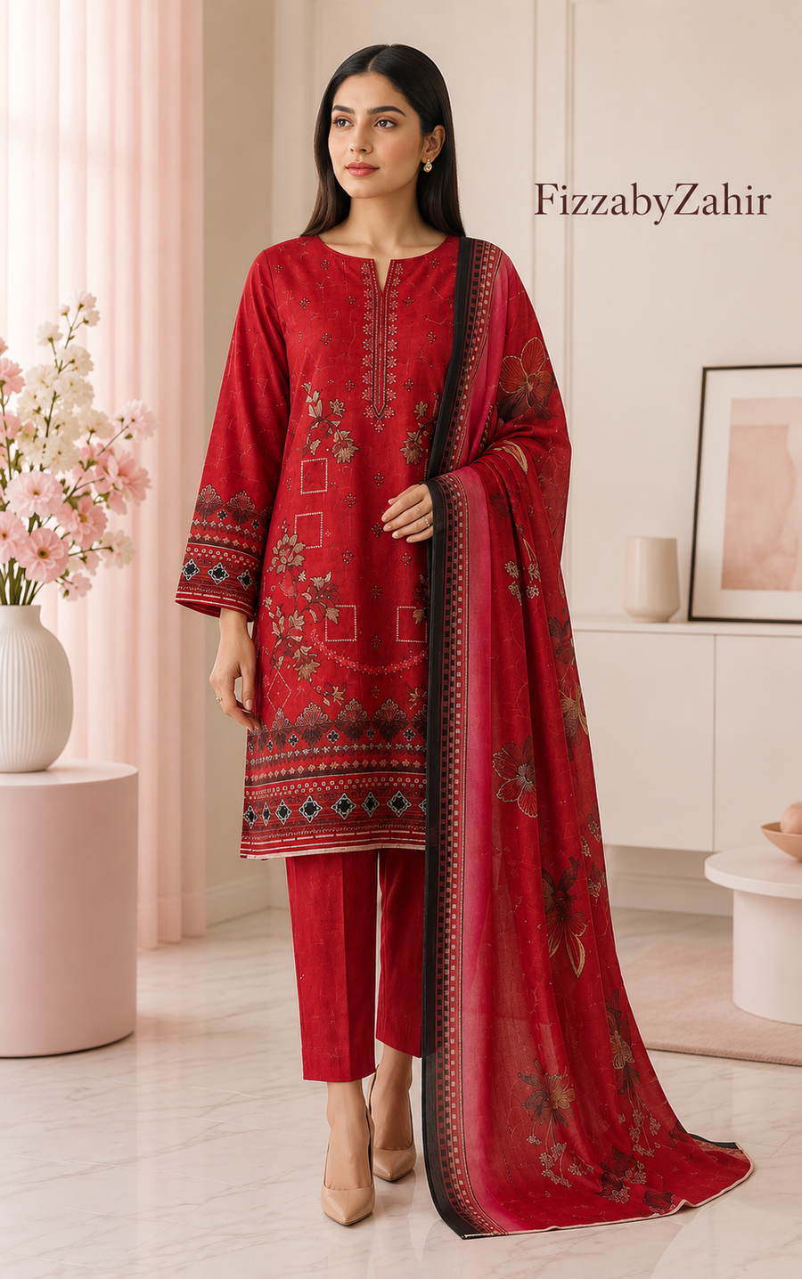 FizzabyZahir Crimson Majesty – Luxury Embroidered Lawn 3 Piece Unstitched Suit