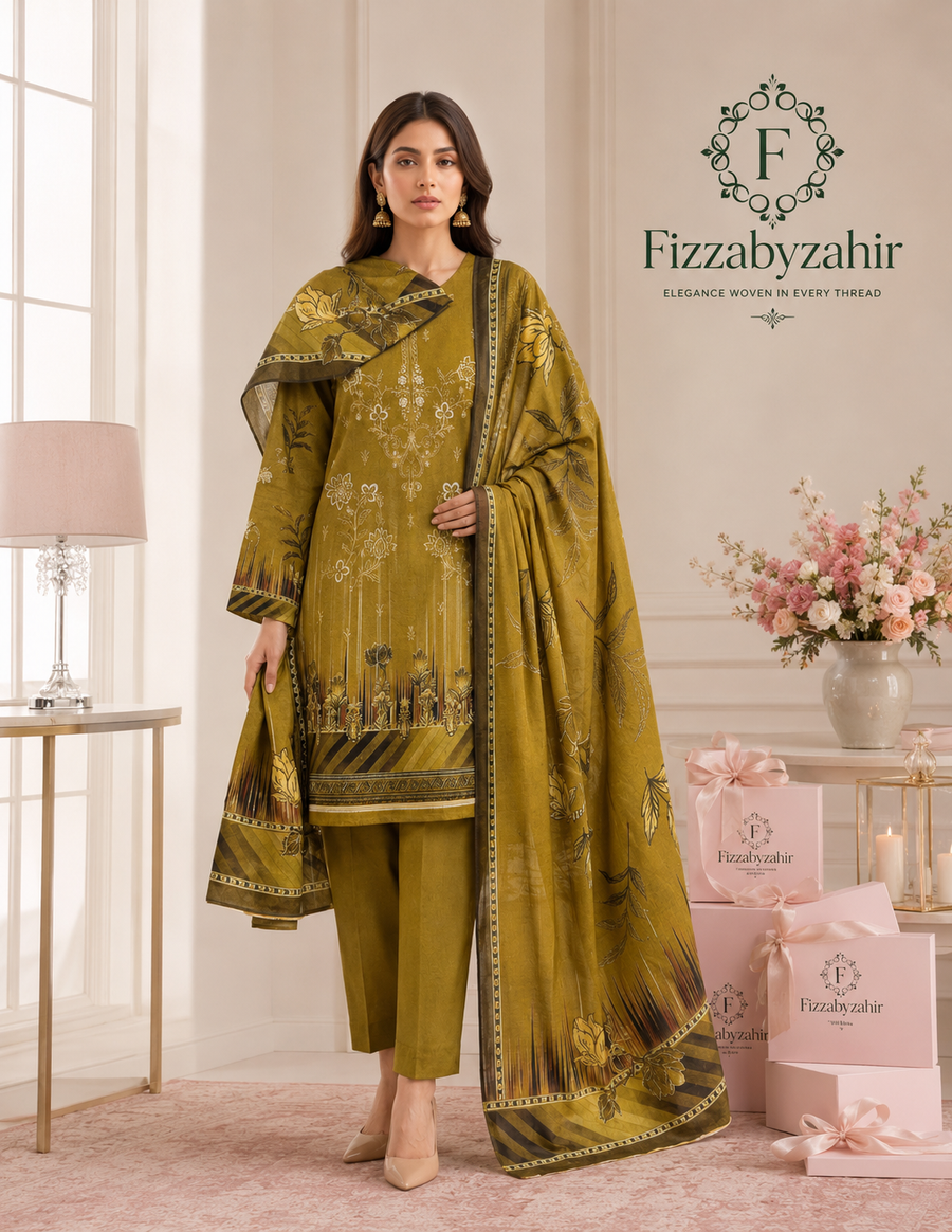 FizzabyZahir Olive Royale – Luxury Embroidered Lawn 3 Piece Unstitched Suit