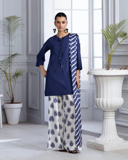 Blue Bloom Embroidered 3PC Premium