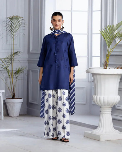 Blue Bloom Embroidered 3PC Premium